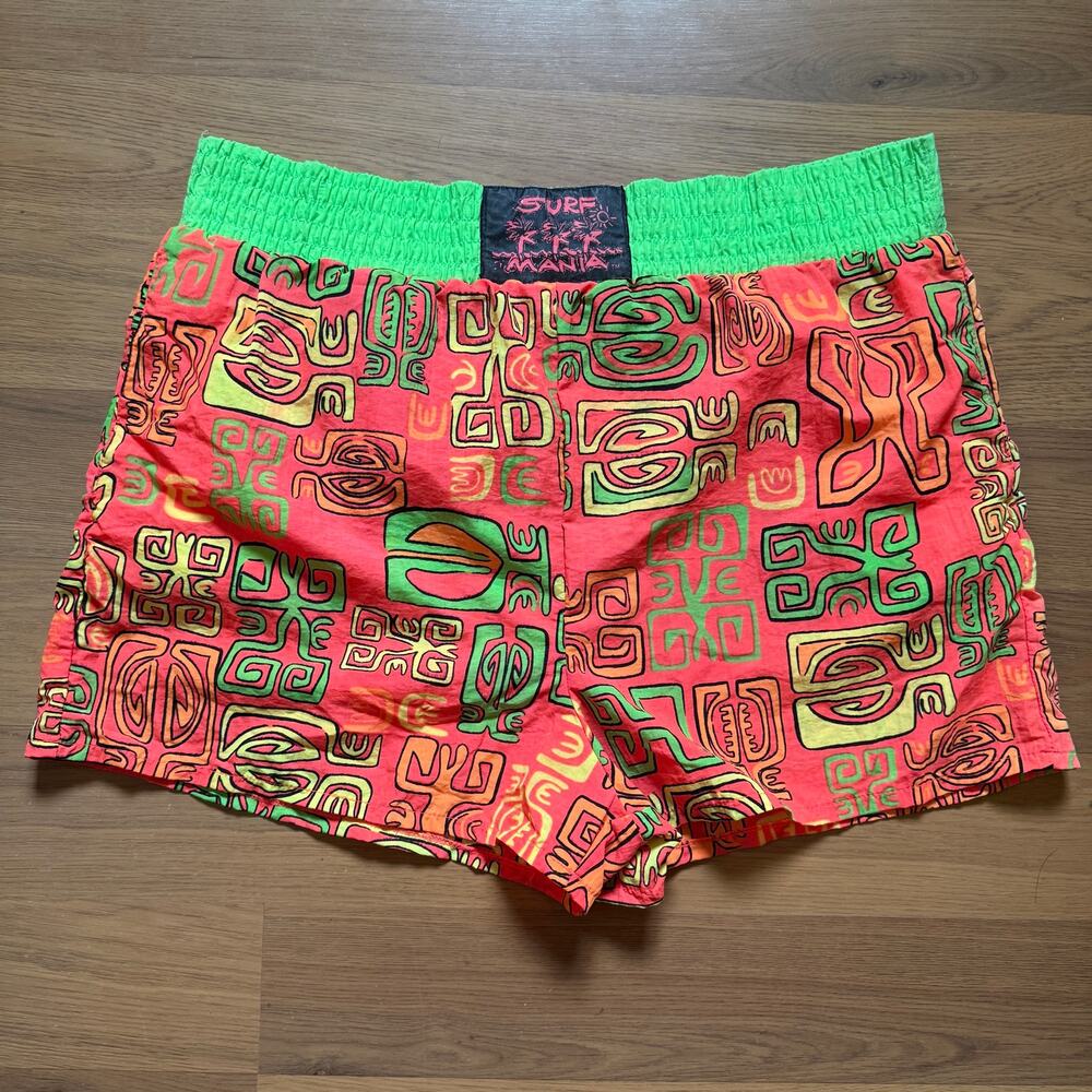 Vintage 80's Surf Mania Neon Green Orange Nylon Surfing Trunks Shorts Sz Large